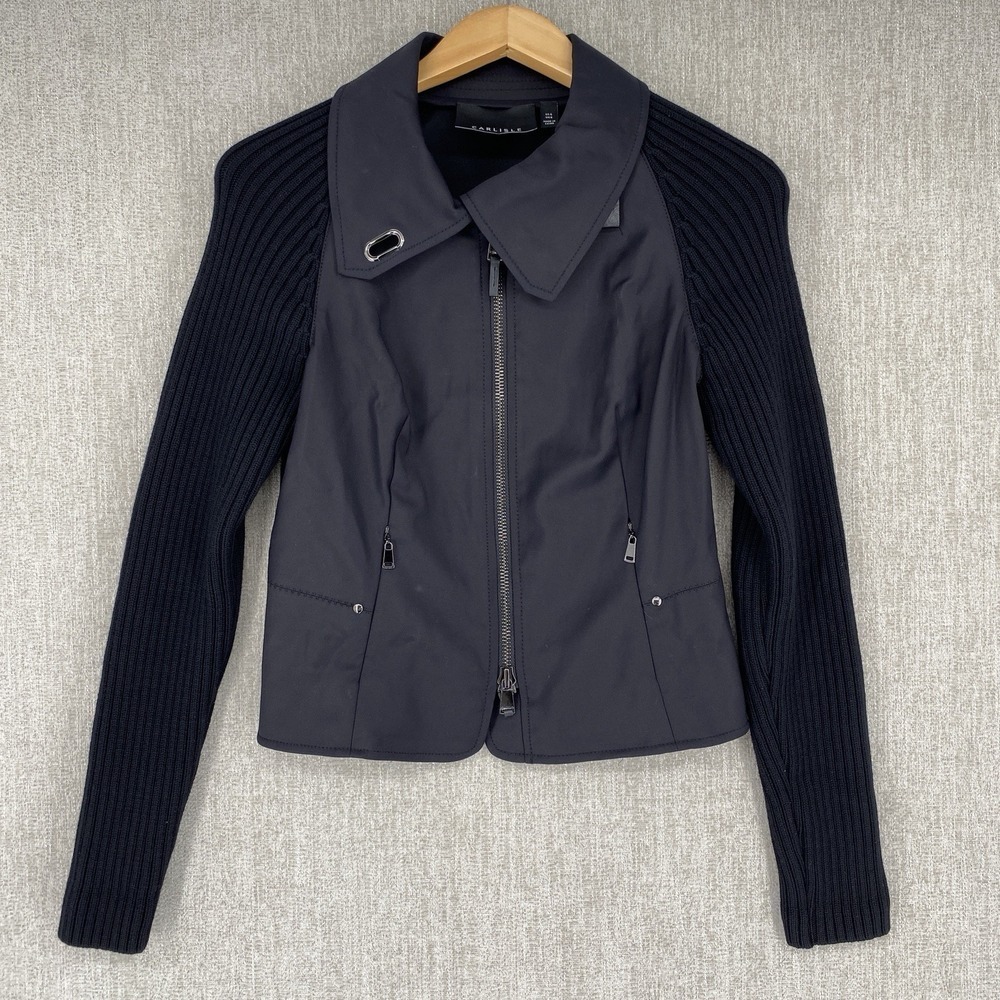 Carlisle Mixed Media Knit Sleeve Zip Front Jacket 6 Black Ribbed Moto